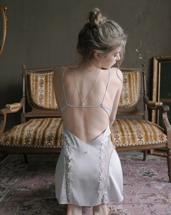 Baby Blue Lace Hollow out Sheer Silk Nightdress