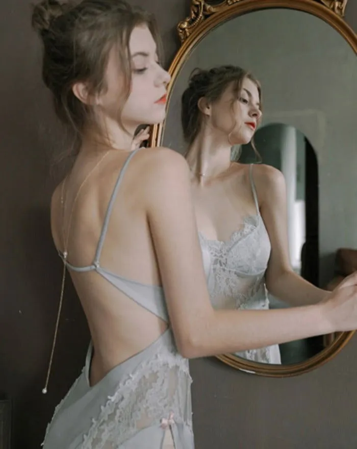 Baby Blue Lace Hollow out Sheer Silk Nightdress