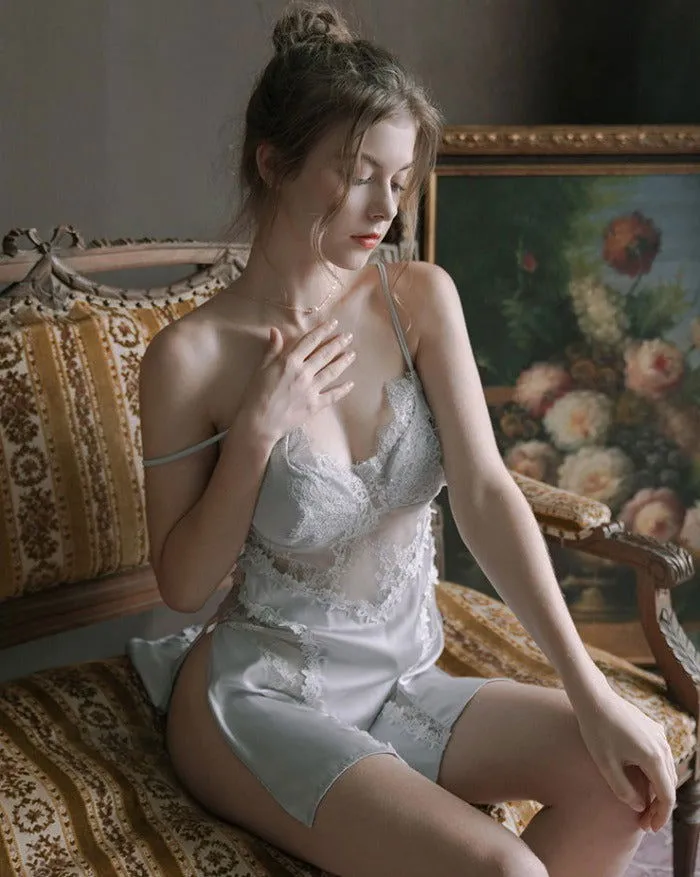 Baby Blue Lace Hollow out Sheer Silk Nightdress