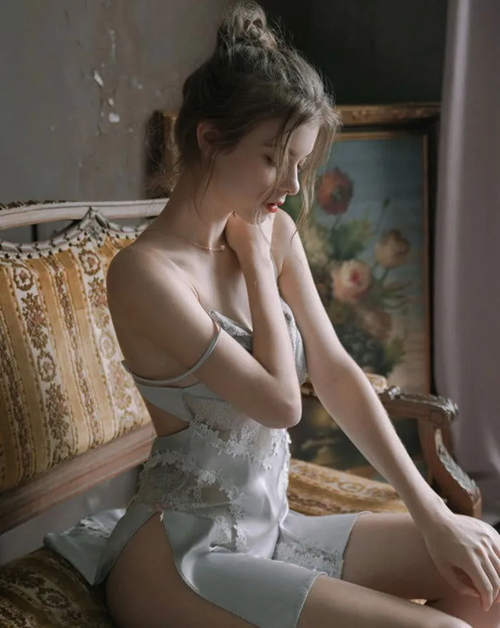 Baby Blue Lace Hollow out Sheer Silk Nightdress