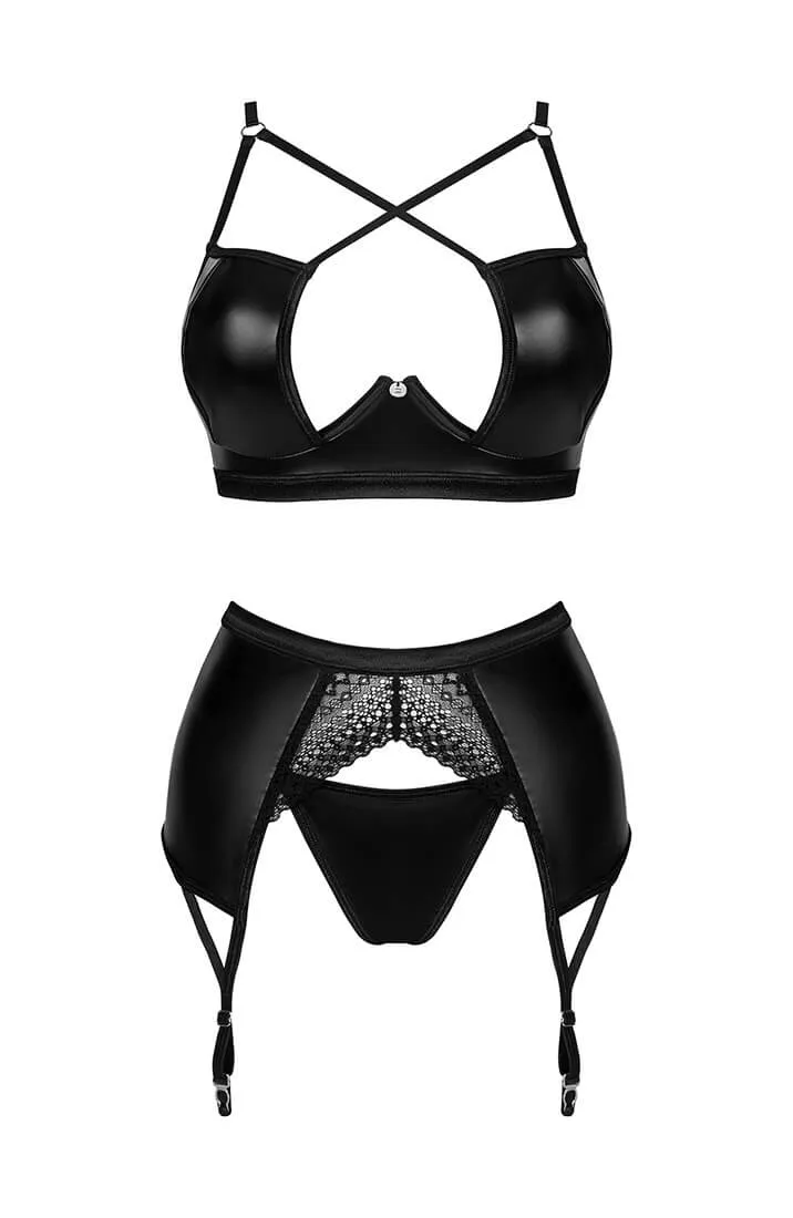 Black 3 pc wet look lingerie set - Temptress' Touch