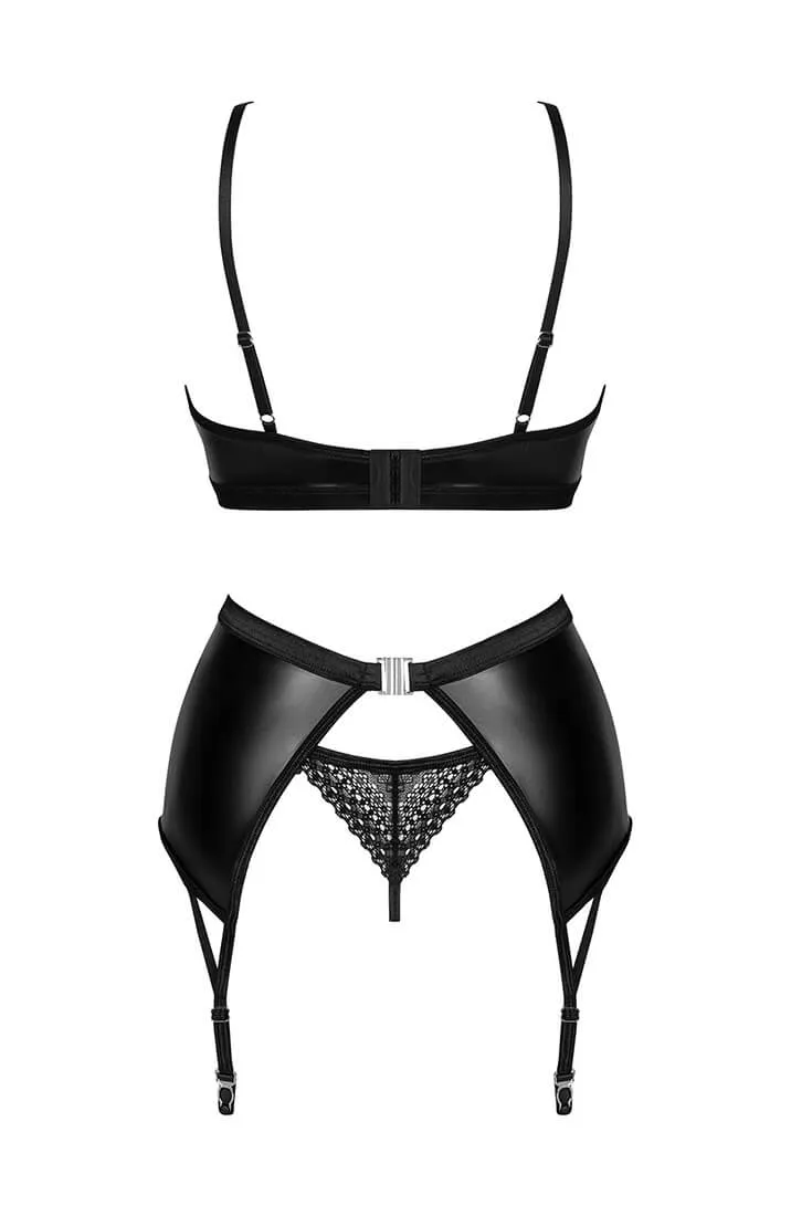 Black 3 pc wet look lingerie set - Temptress' Touch