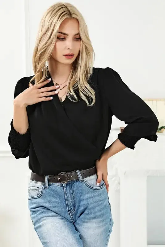 Black Shirred Cuffs Draped Blouse