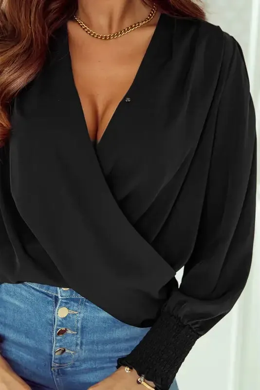 Black Shirred Cuffs Draped Blouse