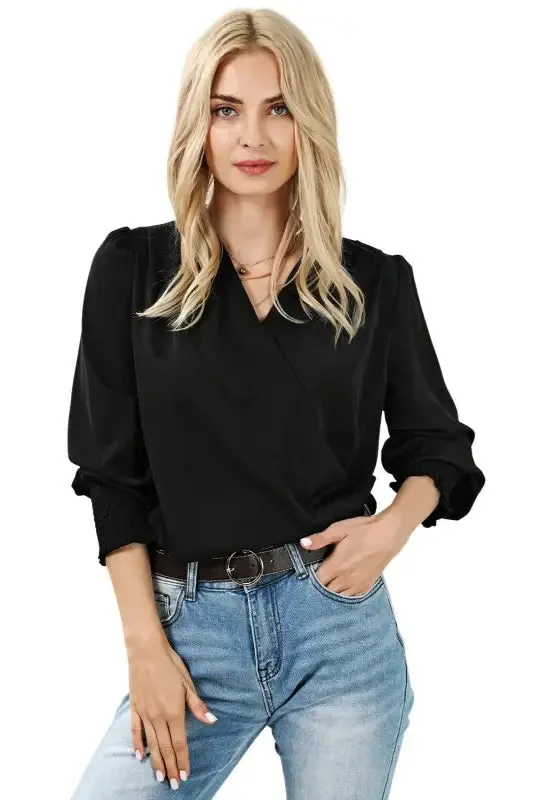 Black Shirred Cuffs Draped Blouse