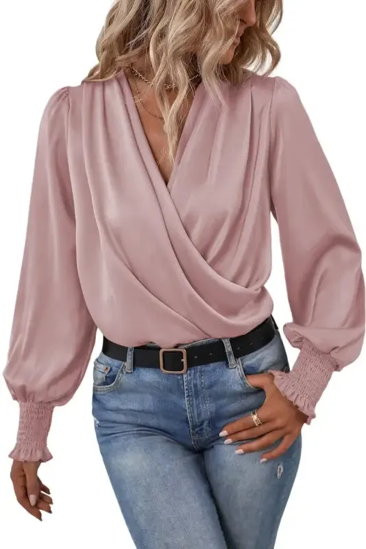 Black Shirred Cuffs Draped Blouse