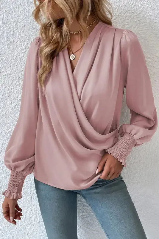 Black Shirred Cuffs Draped Blouse