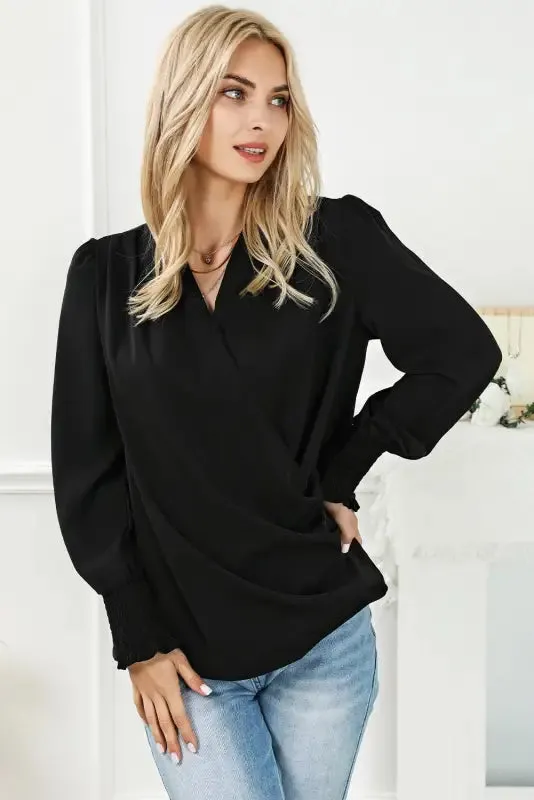 Black Shirred Cuffs Draped Blouse