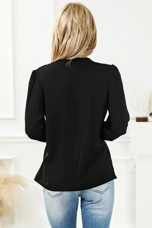 Black Shirred Cuffs Draped Blouse