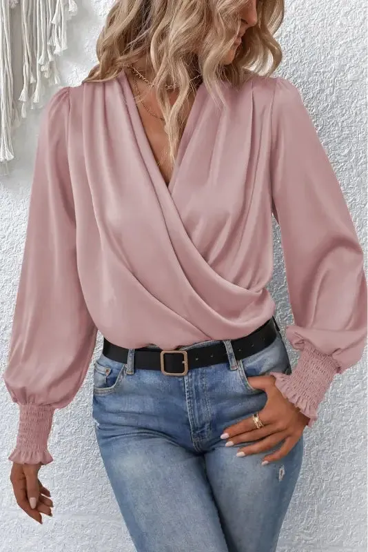 Black Shirred Cuffs Draped Blouse