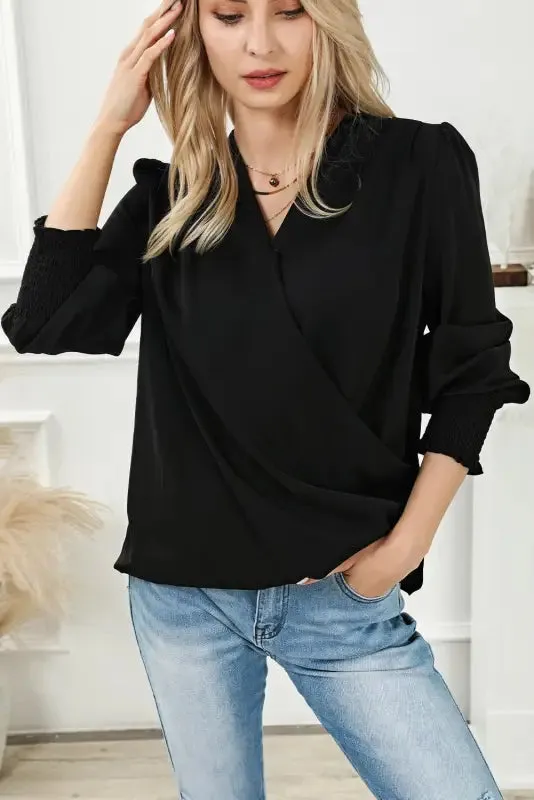 Black Shirred Cuffs Draped Blouse
