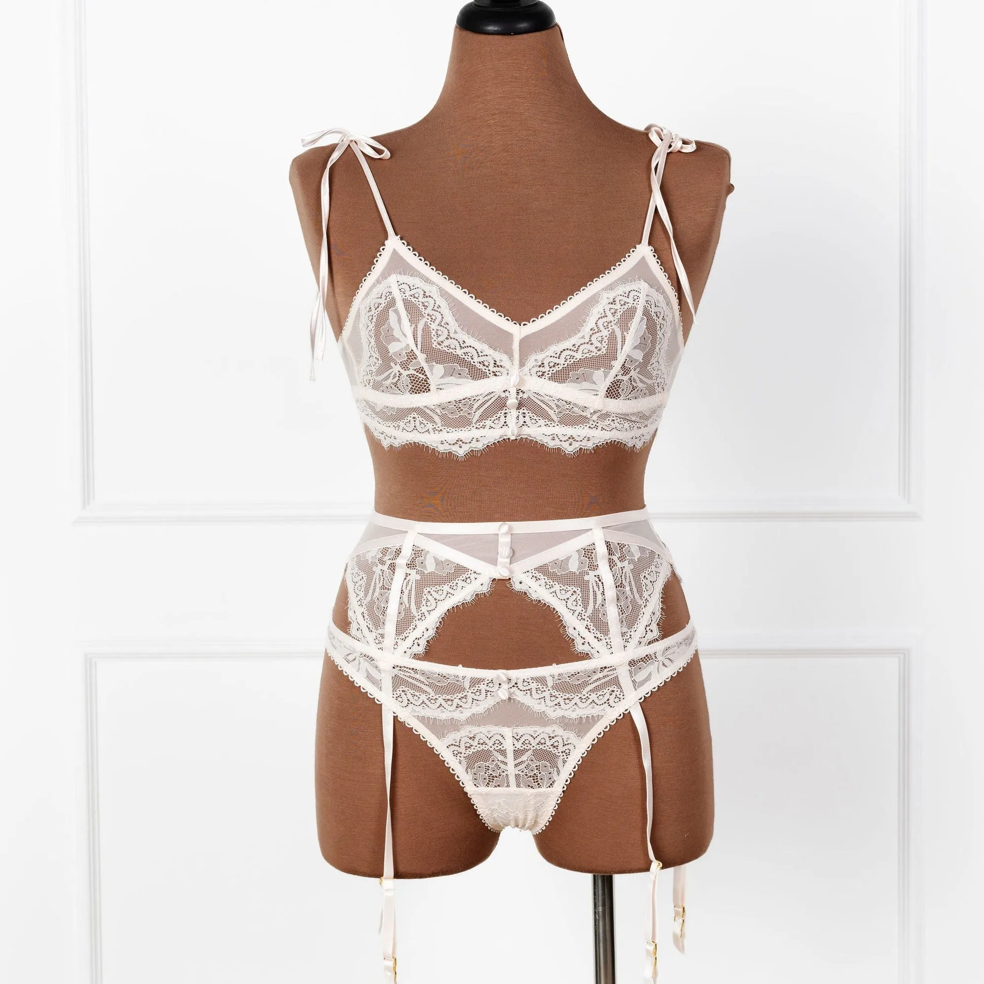 Bridal Bundle: Lace & Mesh Button Bralette Set - Champagne