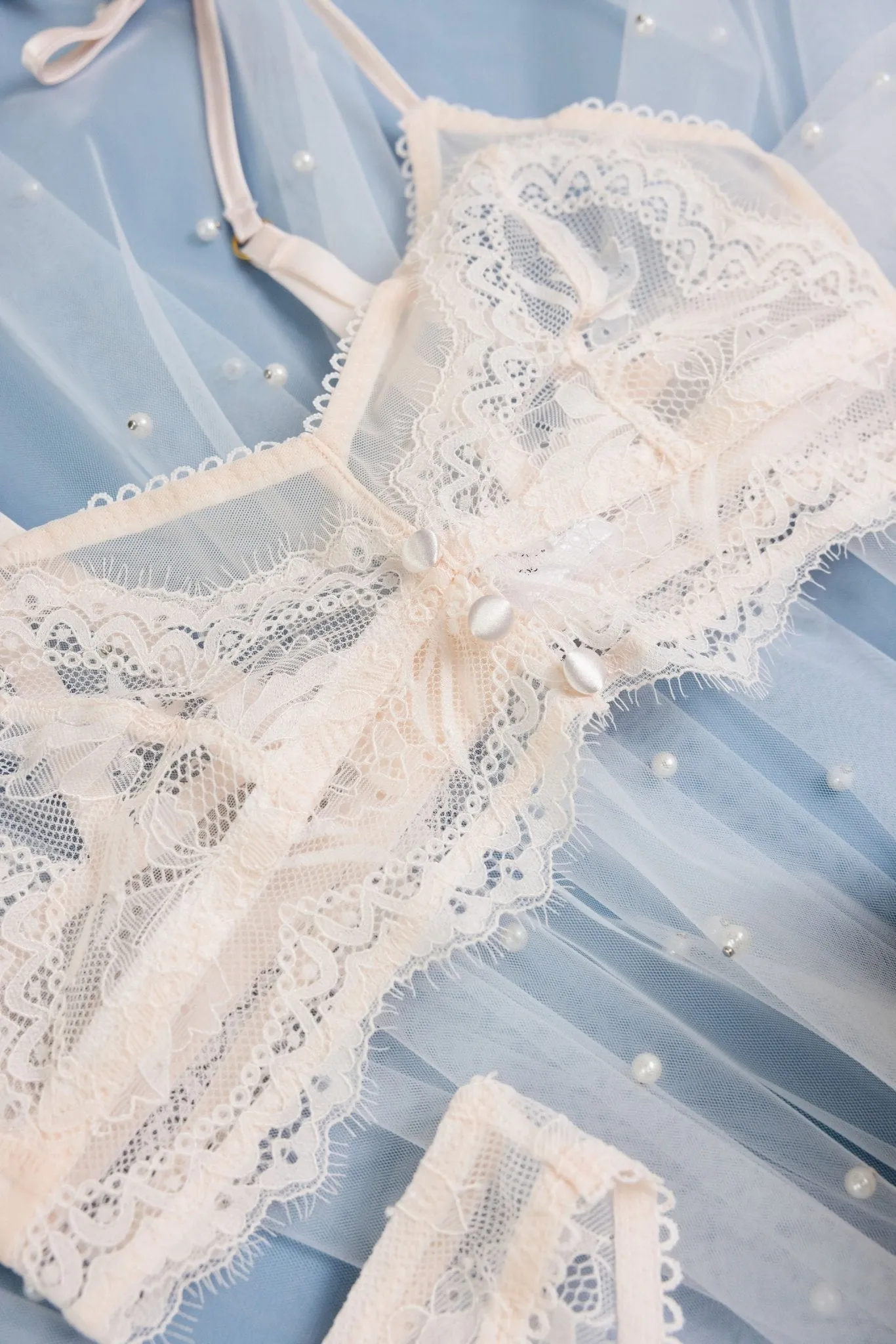 Bridal Bundle: Lace & Mesh Button Bralette Set - Champagne