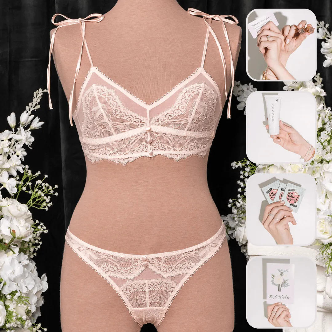 Bridal Bundle: Lace & Mesh Button Bralette Set - Champagne