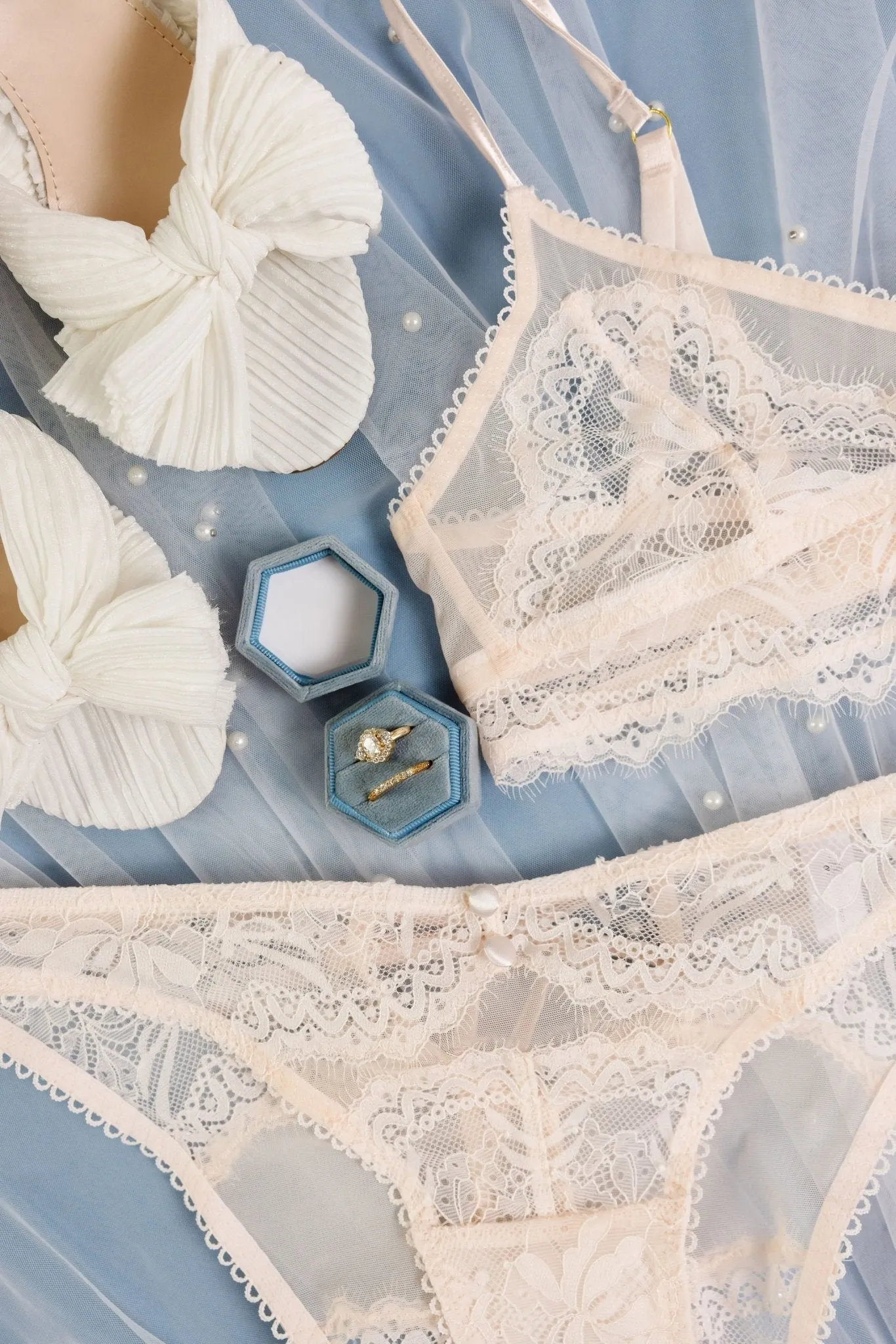 Bridal Bundle: Lace & Mesh Button Bralette Set - Champagne