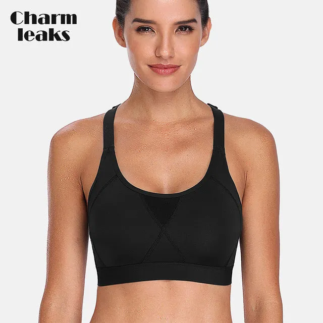 Charmleaks Women's Mid Impact Sports Bra Padded Support Yoga Bra Breathable Running Workout Racerback Sports Top