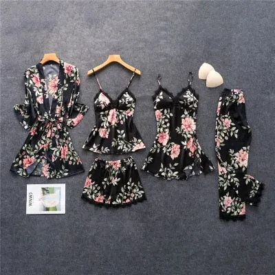 Daeyard Women's Pajamas Silk Floral Overall Print 5Pcs Pajama Set Satin Pyjamas Sexy Lace Pijama Nightie Sleepwear Home Clothes