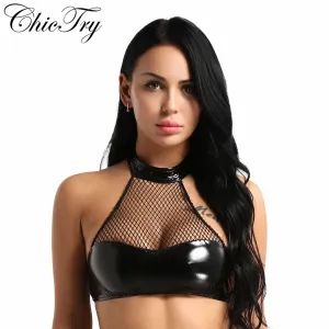 Fashion Women Female Neck Halter Backless Lingerie Fishnet Faux Leather Wire-free Unlined Bra Tops Nightwear Clubwear Crop Top