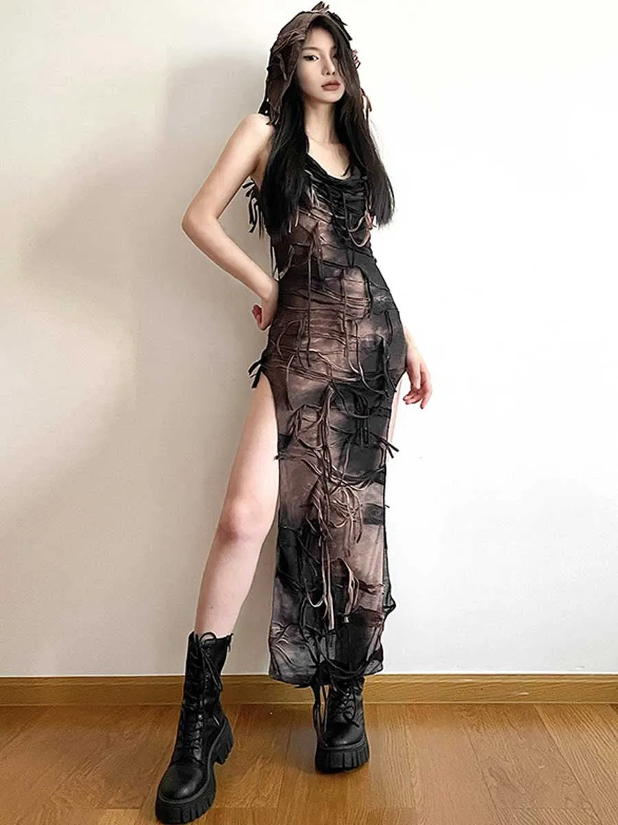 Fringe Hooded Maxi Dress