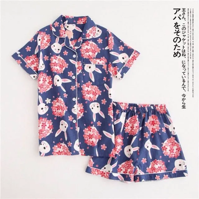 Japanese simple short pyjamas women 100% cotton short sleeves ladies pajama sets shorts Cute cartoon sleepwear women homewear