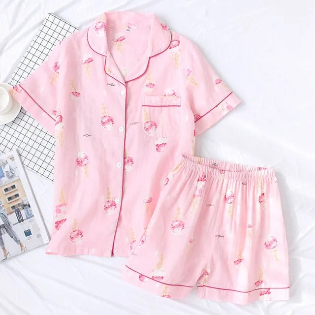 Japanese simple short pyjamas women 100% cotton short sleeves ladies pajama sets shorts Cute cartoon sleepwear women homewear