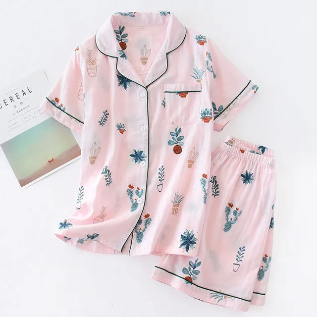 Japanese simple short pyjamas women 100% cotton short sleeves ladies pajama sets shorts Cute cartoon sleepwear women homewear
