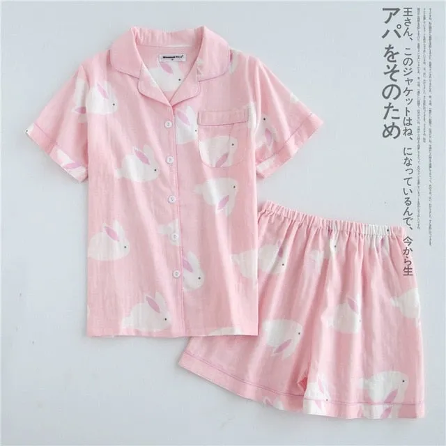 Japanese simple short pyjamas women 100% cotton short sleeves ladies pajama sets shorts Cute cartoon sleepwear women homewear