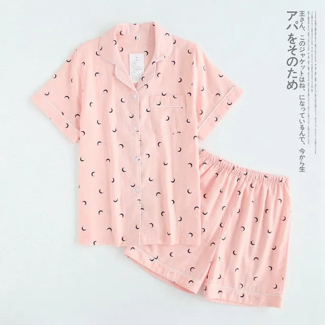 Japanese simple short pyjamas women 100% cotton short sleeves ladies pajama sets shorts Cute cartoon sleepwear women homewear