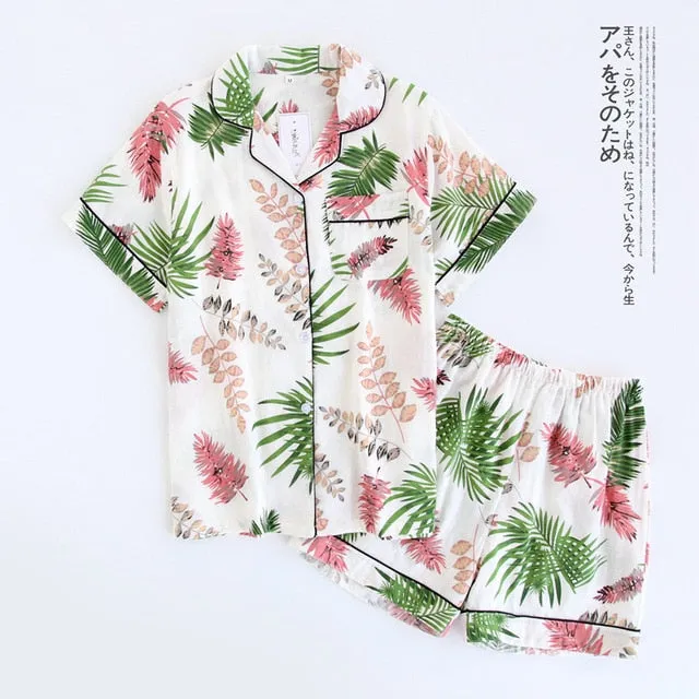 Japanese simple short pyjamas women 100% cotton short sleeves ladies pajama sets shorts Cute cartoon sleepwear women homewear