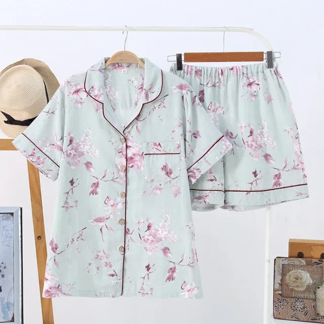 Japanese simple short pyjamas women 100% cotton short sleeves ladies pajama sets shorts Cute cartoon sleepwear women homewear