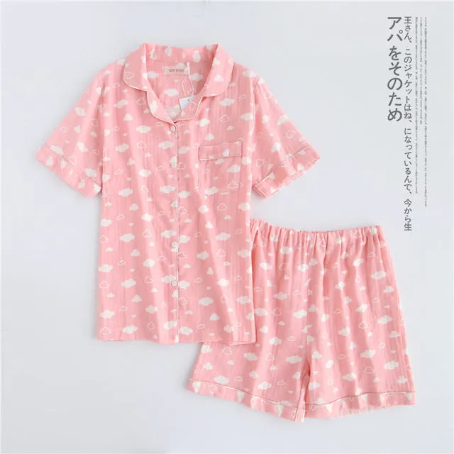 Japanese simple short pyjamas women 100% cotton short sleeves ladies pajama sets shorts Cute cartoon sleepwear women homewear