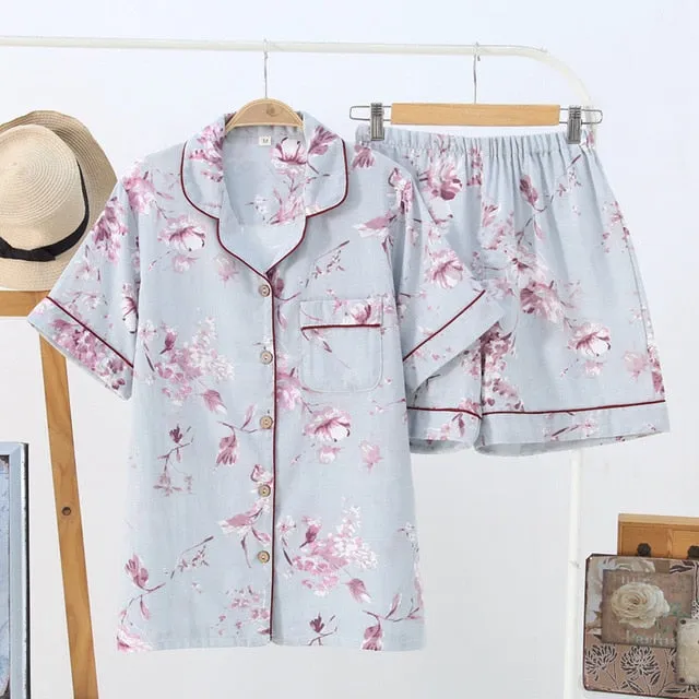 Japanese simple short pyjamas women 100% cotton short sleeves ladies pajama sets shorts Cute cartoon sleepwear women homewear