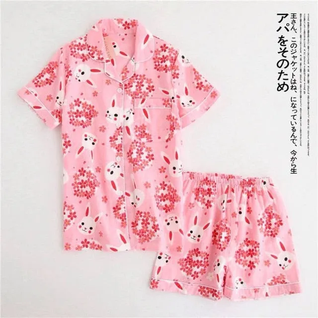 Japanese simple short pyjamas women 100% cotton short sleeves ladies pajama sets shorts Cute cartoon sleepwear women homewear