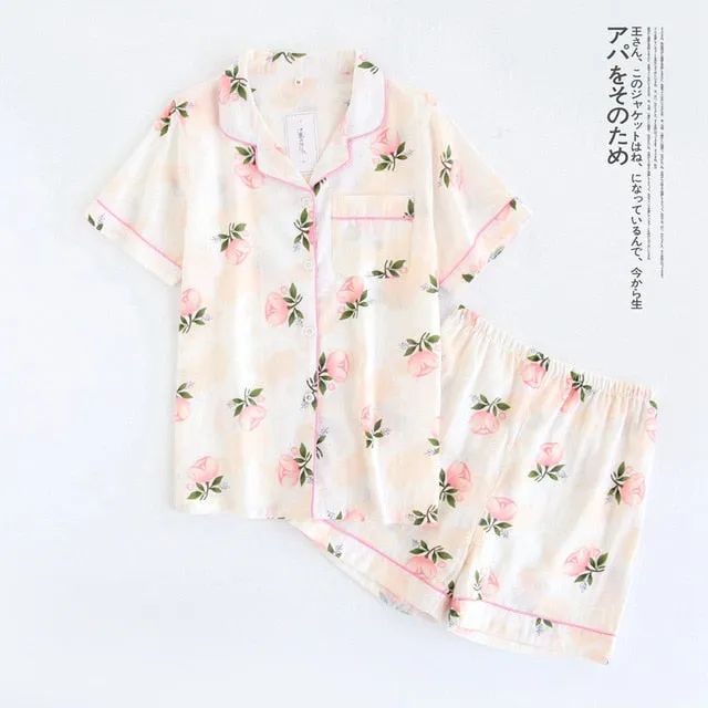 Japanese simple short pyjamas women 100% cotton short sleeves ladies pajama sets shorts Cute cartoon sleepwear women homewear