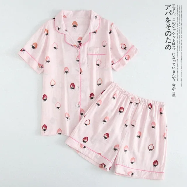 Japanese simple short pyjamas women 100% cotton short sleeves ladies pajama sets shorts Cute cartoon sleepwear women homewear