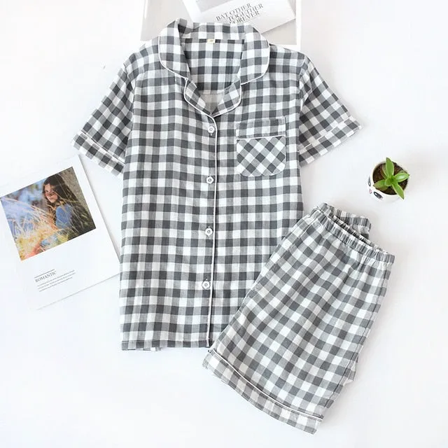 Japanese simple short pyjamas women 100% cotton short sleeves ladies pajama sets shorts Cute cartoon sleepwear women homewear
