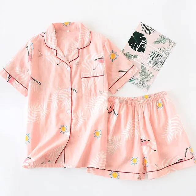 Japanese simple short pyjamas women 100% cotton short sleeves ladies pajama sets shorts Cute cartoon sleepwear women homewear