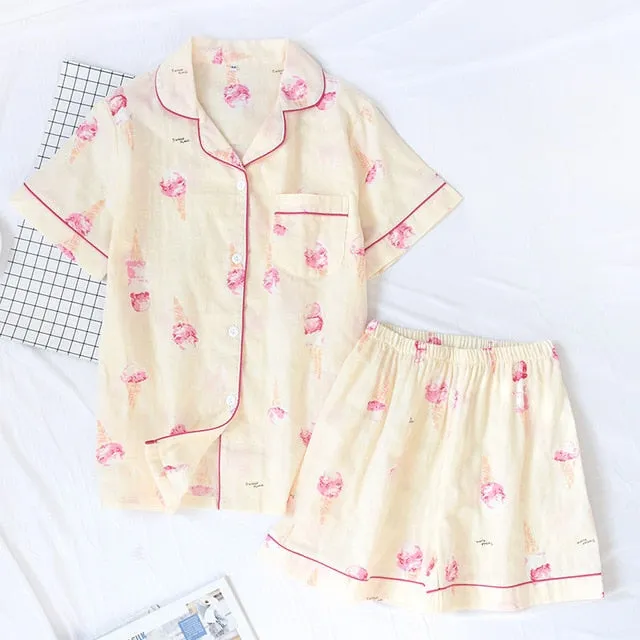 Japanese simple short pyjamas women 100% cotton short sleeves ladies pajama sets shorts Cute cartoon sleepwear women homewear