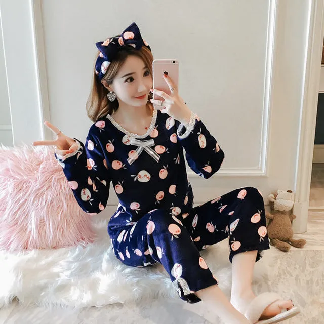 JULY'S SONG Flannel Women Pajamas Sets Autumn Winter Pajamas Cartoon Thick Warm Women Sleepwear Cute Animal Female Homewear