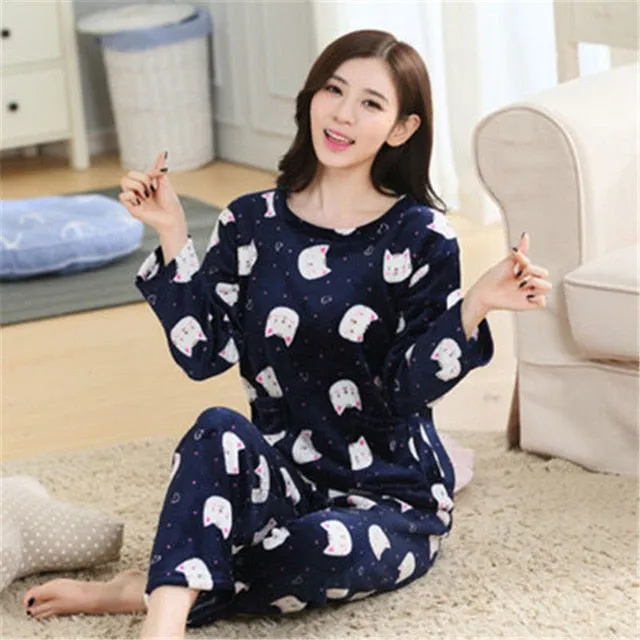 JULY'S SONG Flannel Women Pajamas Sets Autumn Winter Pajamas Cartoon Thick Warm Women Sleepwear Cute Animal Female Homewear