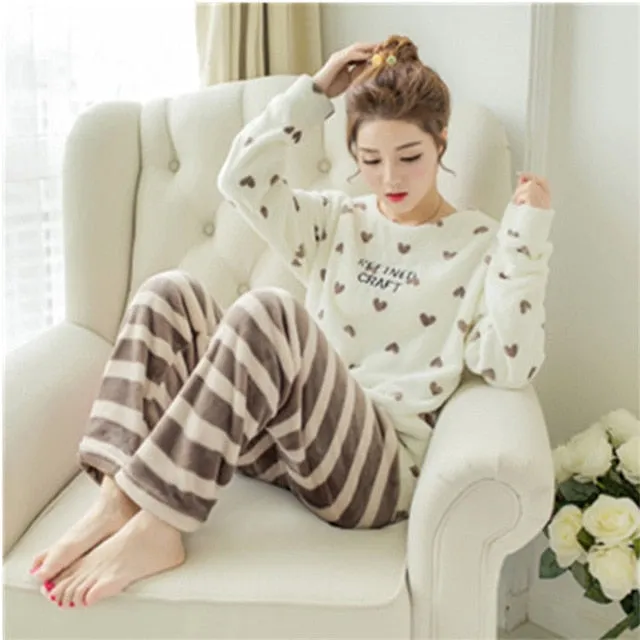 JULY'S SONG Flannel Women Pajamas Sets Autumn Winter Pajamas Cartoon Thick Warm Women Sleepwear Cute Animal Female Homewear