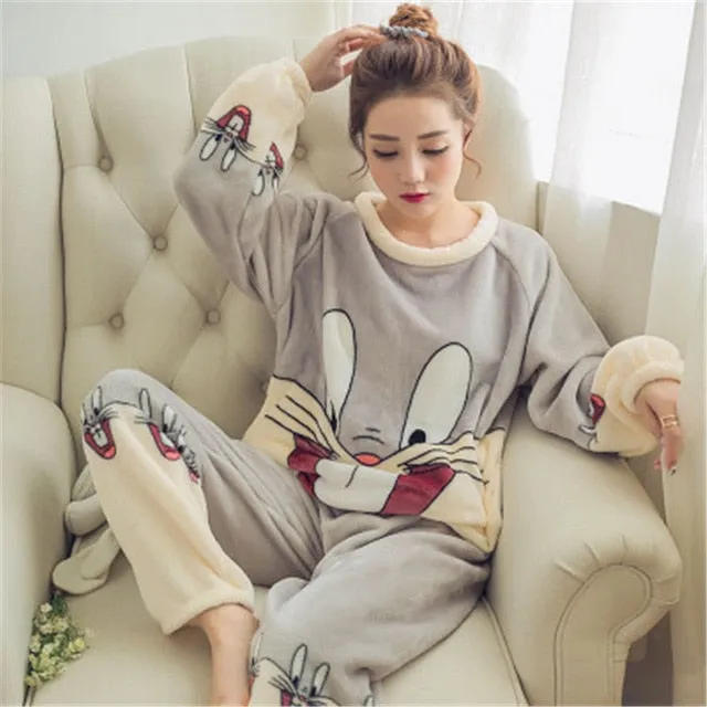 JULY'S SONG Flannel Women Pajamas Sets Autumn Winter Pajamas Cartoon Thick Warm Women Sleepwear Cute Animal Female Homewear