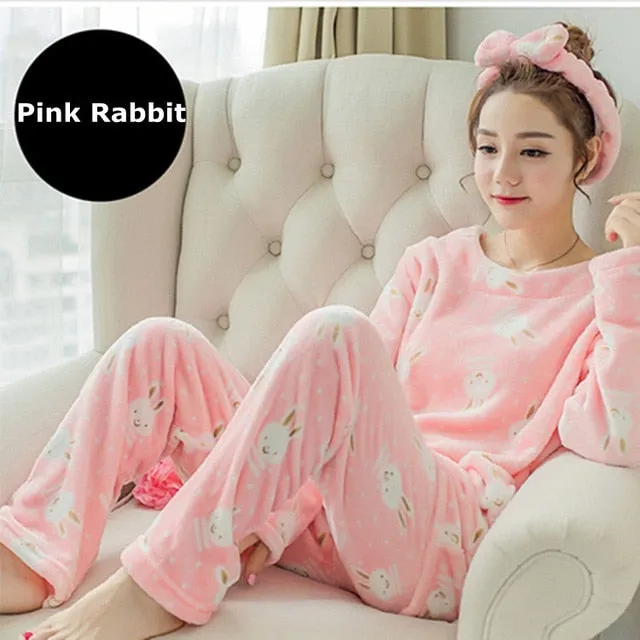 JULY'S SONG Flannel Women Pajamas Sets Autumn Winter Pajamas Cartoon Thick Warm Women Sleepwear Cute Animal Female Homewear