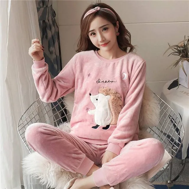 JULY'S SONG Flannel Women Pajamas Sets Autumn Winter Pajamas Cartoon Thick Warm Women Sleepwear Cute Animal Female Homewear