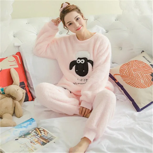 JULY'S SONG Flannel Women Pajamas Sets Autumn Winter Pajamas Cartoon Thick Warm Women Sleepwear Cute Animal Female Homewear