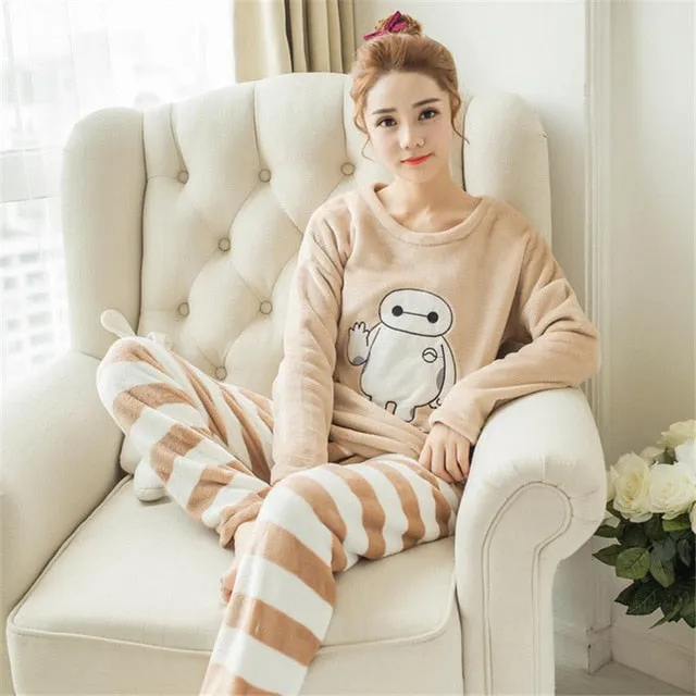 JULY'S SONG Flannel Women Pajamas Sets Autumn Winter Pajamas Cartoon Thick Warm Women Sleepwear Cute Animal Female Homewear