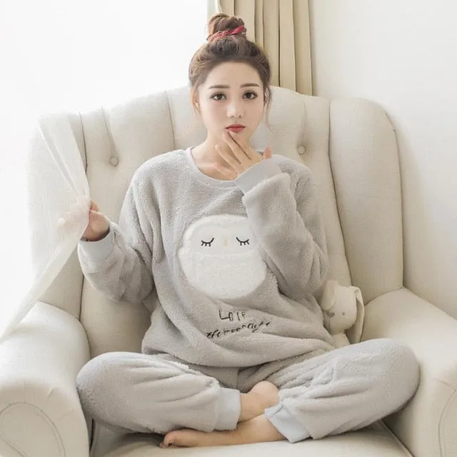 JULY'S SONG Flannel Women Pajamas Sets Autumn Winter Pajamas Cartoon Thick Warm Women Sleepwear Cute Animal Female Homewear
