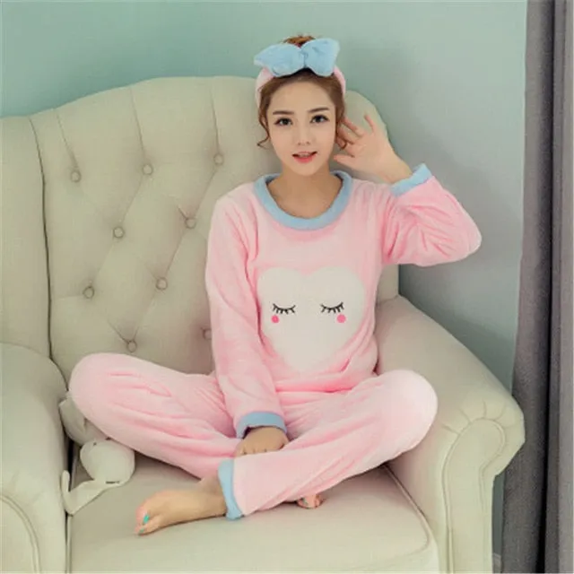 JULY'S SONG Flannel Women Pajamas Sets Autumn Winter Pajamas Cartoon Thick Warm Women Sleepwear Cute Animal Female Homewear