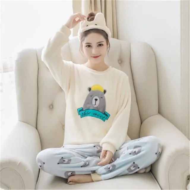 JULY'S SONG Flannel Women Pajamas Sets Autumn Winter Pajamas Cartoon Thick Warm Women Sleepwear Cute Animal Female Homewear