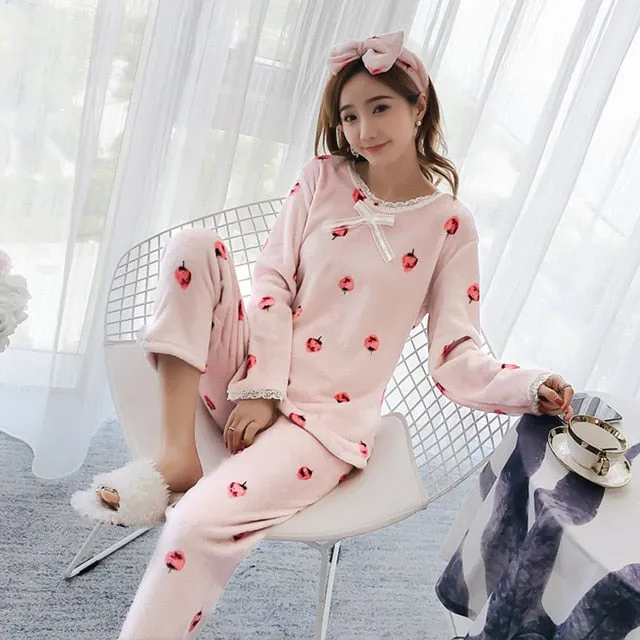 JULY'S SONG Flannel Women Pajamas Sets Autumn Winter Pajamas Cartoon Thick Warm Women Sleepwear Cute Animal Female Homewear
